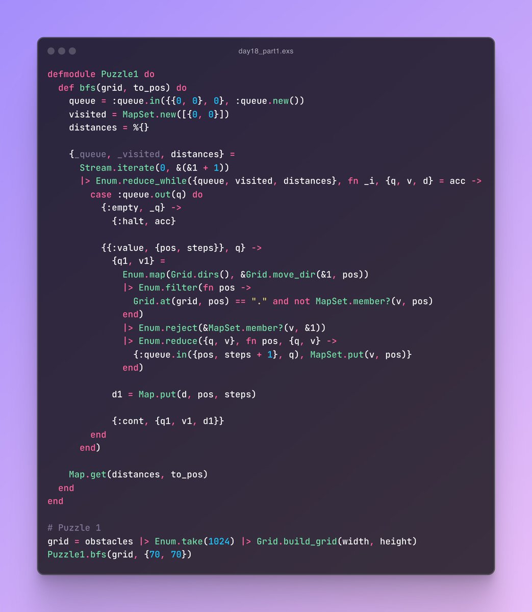 flo_arens's tweet image. My #AdventOfCode Day 18 solution written in Elixir 🔮

Using Erlang&apos;s queue data type for the first time.

#myelixirstatus
