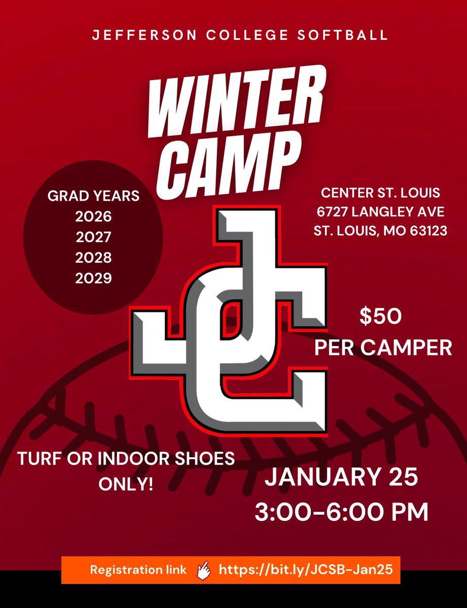 JeffCo Softball (@jeffco_softball) on Twitter photo Here is the link and flyer for our Winter Camp! Come and workout with our players and coaches.
bit.ly/JCSB-Jan25
Email any questions to
cstarke1@jeffco.edu Here is the link and flyer for our Winter Camp! Come and workout with our players and coaches.
bit.ly/JCSB-Jan25
Email any questions to
cstarke1@jeffco.edu