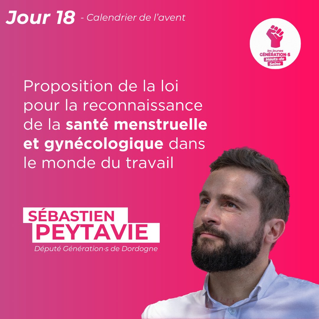 <a href="/Generations_UPN/">Jeunes Génération•s Université Paris Nanterre</a> <a href="/Benjam1Lucas/">Benjamin LUCAS</a> <a href="/LesJeunesG/">Les Jeunes Génération·s</a> <a href="/Generation_s_92/">Génération•s 92</a> <a href="/GenerationsMvt/">Génération·s</a> <a href="/alirabeh/">Ali Rabeh</a> <a href="/HellaKribi/">Hella Kribi-Romdhane</a> <a href="/mathilde_hrd/">Mathilde Hériaud</a> <a href="/LayanJulien/">Julien Layan</a> <a href="/Generation_s78/">Génération-s Yvelines</a> <a href="/FMPasquini/">Francesca Pasquini</a> <a href="/RomainJehanin/">Romain Jehanin</a> <a href="/Asnieres_Hamon/">Générations Asnières</a> <a href="/speytavie/">Sébastien Peytavie</a> <a href="/EmmDuplessy/">Emmanuel Duplessy</a> <a href="/STaillePolian/">Sophie Taillé-Polian</a> <a href="/JeunesG94/">Jeunes Génération•s Val-de-Marne</a> <a href="/PoleEcolo_IDF/">Pôle Écologiste IDF</a> <a href="/tlahais/">Tristan Lahais</a> <a href="/GNRT_Rennes/">Génération•s Pays de Rennes</a> <a href="/jeunesgRennes/">Jeunes Génération•s Rennes</a> <a href="/K_BenCheikh/">Karim Ben Cheikh</a> <a href="/JeunesG91/">Jeunes Génération·s Essonne</a> Mercredi 18 décembre - Avoir des menstruations incapacitantes revient à travailler dans la souffrance ou bien à s’arrêter en subissant un délai de carence. C’est pourquoi <a href="/speytavie/">Sébastien Peytavie</a> propose de mettre en place un arrêt menstruel de 13 jours pris en charge par la Sécurité Sociale.