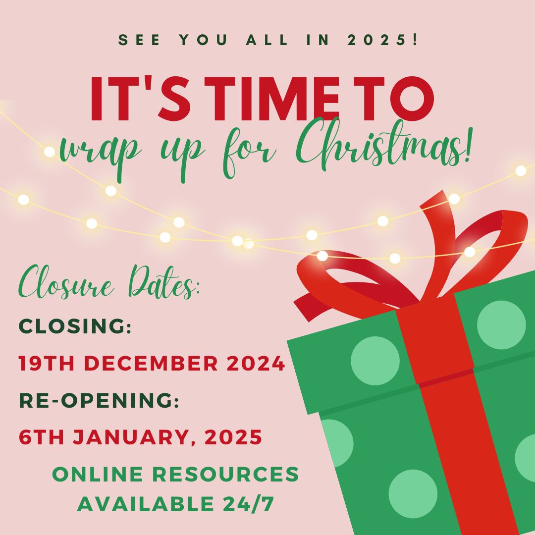 We are now starting to wrap up for Christmas. The LRCs will close for the holidays on Thursday 19th December at 4.45pm. Only online services will be available. Please plan ahead and ensure you have any physical resources you may need to continue your studies during the break. 🎄