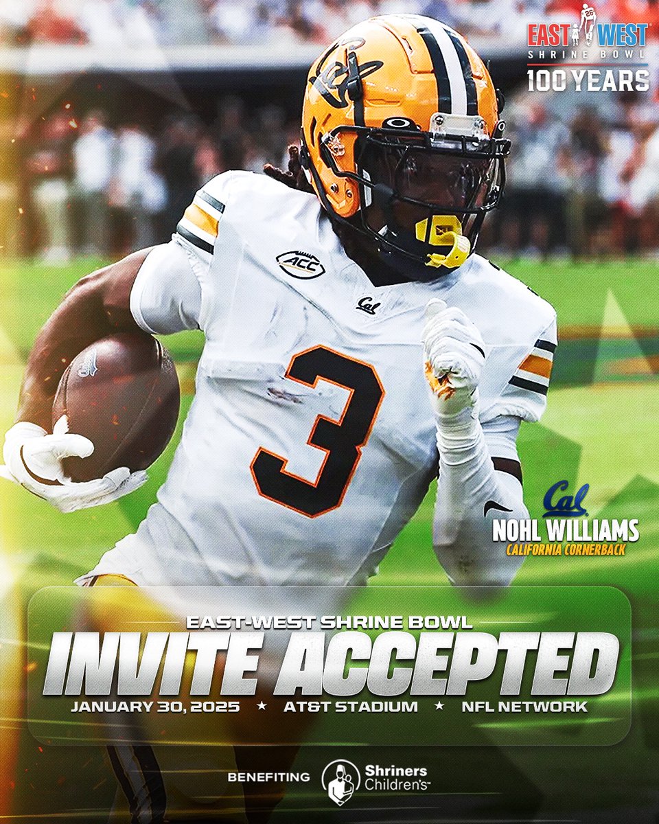 East-West Shrine Bowl (@shrinebowl) on Twitter photo Ball hawk ๐ฆ
CB Nohl Williams (<a href="/NohlWilliams/">Nohl Williams</a>) from <a href="/CalFootball/">Cal Football</a> has officially accepted his invite to the 100th East-West #ShrineBowl!
#GoBears | #ShrineBowlWHOSNEXT ๐ Ball hawk ๐ฆ
CB Nohl Williams (<a href="/NohlWilliams/">Nohl Williams</a>) from <a href="/CalFootball/">Cal Football</a> has officially accepted his invite to the 100th East-West #ShrineBowl!
#GoBears | #ShrineBowlWHOSNEXT ๐