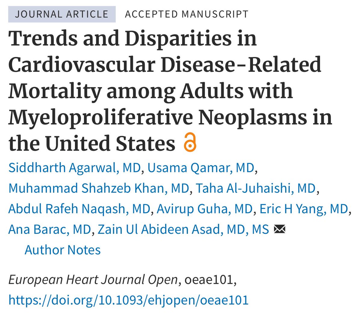 Siddharth Agarwal (he/him) (@sidagarwalmbbs) on Twitter photo 🔥🚨 Trends and Disparities in CVD-related ☠️ in patients with #MPN in the 🇺🇸
Extremely grateful for the mentorship of @ZainAsadEP <a href="/datsunian/">Eric H Yang, MD</a> <a href="/AnaBaracCardio/">Ana Barac, MD, PhD, FACC, FAHA</a> <a href="/avirupguha/">Avirup Guha, MBBS, MPH, FICOS, FACC, FAHA, FESC</a> <a href="/Taha_CancerDoc/">Taha A, MD</a> <a href="/thenasheffect/">Rafeh Naqash, MD</a> <a href="/ShahzebKhanMD/">Shahzeb Khan</a>
<a href="/MayoCVFellows/">Mayo Clinic Rochester Cardiology Fellows</a> <a href="/ResearchOU/">OU DOM Resident Research</a>
academic.oup.com/ehjopen/advanc… 🔥🚨 Trends and Disparities in CVD-related ☠️ in patients with #MPN in the 🇺🇸
Extremely grateful for the mentorship of @ZainAsadEP <a href="/datsunian/">Eric H Yang, MD</a> <a href="/AnaBaracCardio/">Ana Barac, MD, PhD, FACC, FAHA</a> <a href="/avirupguha/">Avirup Guha, MBBS, MPH, FICOS, FACC, FAHA, FESC</a> <a href="/Taha_CancerDoc/">Taha A, MD</a> <a href="/thenasheffect/">Rafeh Naqash, MD</a> <a href="/ShahzebKhanMD/">Shahzeb Khan</a>
<a href="/MayoCVFellows/">Mayo Clinic Rochester Cardiology Fellows</a> <a href="/ResearchOU/">OU DOM Resident Research</a>
academic.oup.com/ehjopen/advanc…