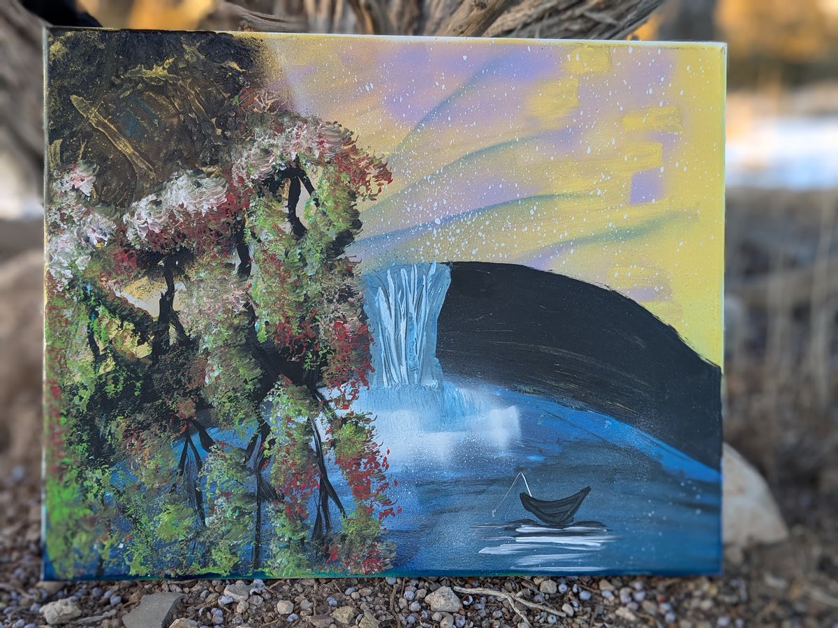 SDPTraveler's tweet photo. I wish I had an oasis to escape to. This little boat is on is chilling with a waterfall and a beautiful sky. How could life not be peaceful 
https://t.co/MJt0AGm64x
#artforsale #clickthelink https://t.co/uZ4cnRRKSq