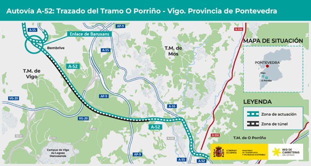 transportesgob's tweet photo. 📢 Sometemos a información pública el proyecto de trazado para dar continuidad a la A-52 desde O Porriño hasta Vigo, donde conectará con la A-55 en la zona del nudo de Baruxáns (Vigo).

La alternativa planteada tiene una longitud de 10,5 km en tronco y un presupuesto de 389 M€. https://t.co/QY0yFn2DUb