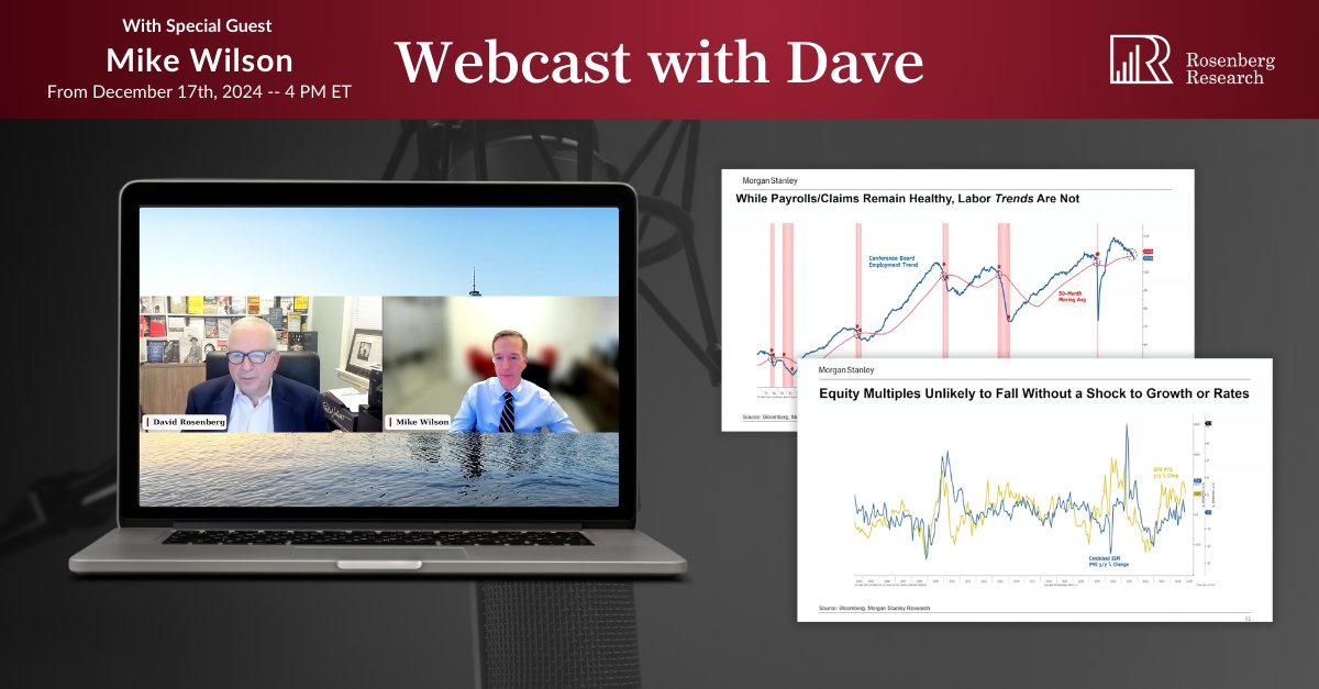 RR_Insights's tweet image. Yesterday, @EconguyRosie hosted Mike Wilson, CIO and Chief U.S. Equity Strategist for Morgan Stanley, on his final webcast of 2024.
Mike, as erudite as ever, described his shift from uber bear to cautious bull. In essence, what had caught his eye was an acceleration in the rate…