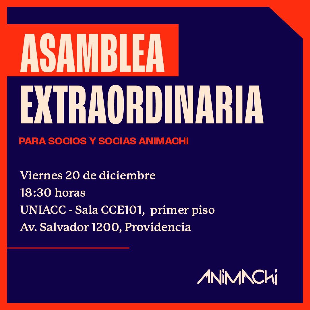 Atención socios y socias 📢  Les invitamos a participar en la próxima asamblea extraordinaria, en la que se presentarán propuestas de modificación a los estatutos de ANIMACHI, cambios esenciales que permitirán mejorar la gestión de la asociación y participación de sus miembros.