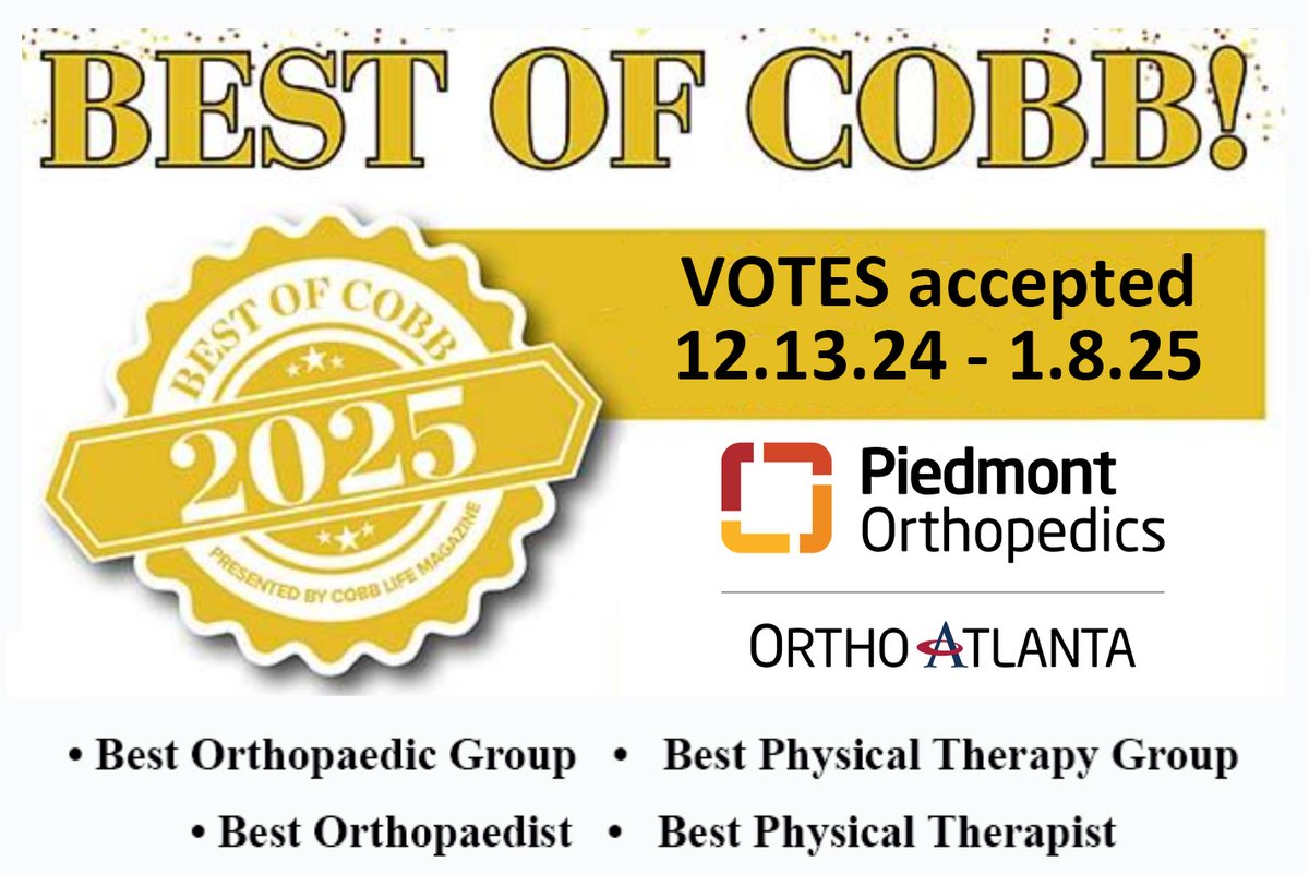 We have been nominated for Best of Cobb under Orthopaedic Group and Physical Therapy Group. In addition, Dr. Donald Fowler, Dr. Keith Lamberson, Dr. Anuj Patel and Dr. George Schilling have been nominated for Best Orthopaedist.
Vote: lnkd.in/e4YdJ2hW