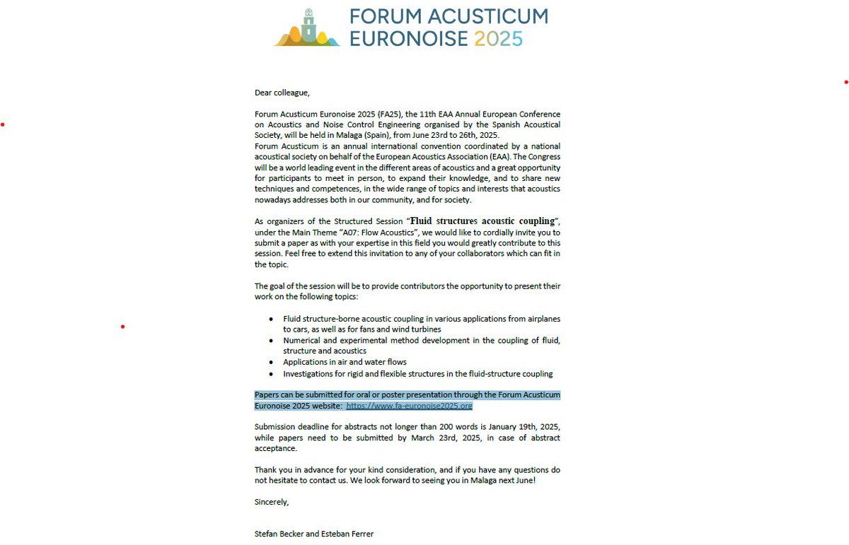 FerrerCfd's tweet image. Stefan Becker and I are organizing a mini-symposium, “Fluid-Structure Acoustic Coupling,” in Malaga, Spain, from June 23 to 26, 2025, as part of the Forum Acusticum Euronoise 2025 (FA25), Papers can be submitted through: lnkd.in/dHBWq4Q8. See you there!