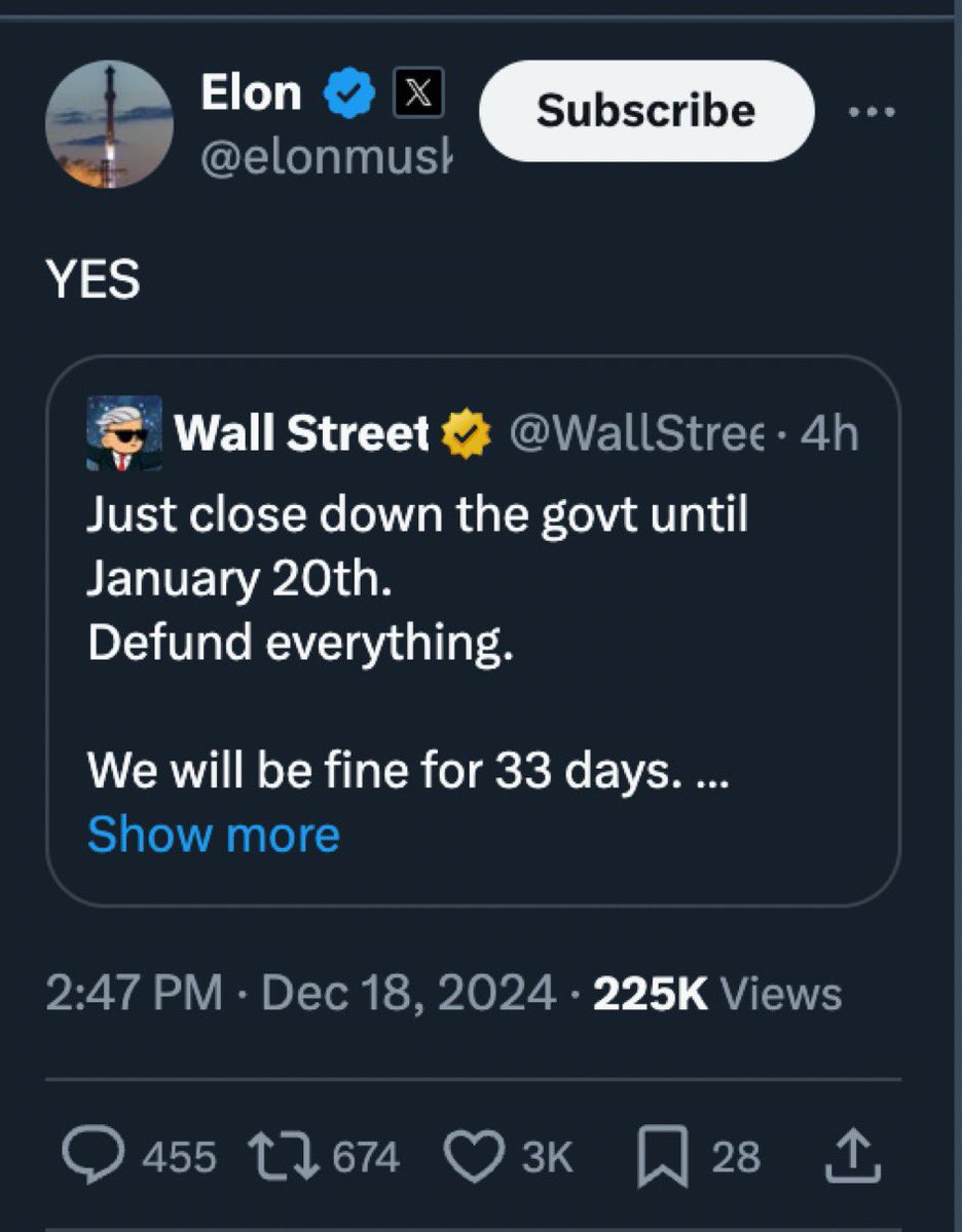 Allow, me to interpret Elon’s tweet:

If we shut down the government, my companies will be fine without government subsidies or government payments for 33 days

All those middle class, employees with families who are employed by the government and won’t get paid is not my problem
