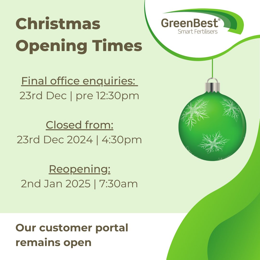 GreenBestLtd's tweet image. We hope you're looking forward to the Christmas break 👍 
Please note that our office &amp;amp; manufacturing facilities will close at 4:30pm on 23rd December and reopen at 7:30am on 2nd January.

Our customer portal will remain open for your orders which will be processed on 2nd…