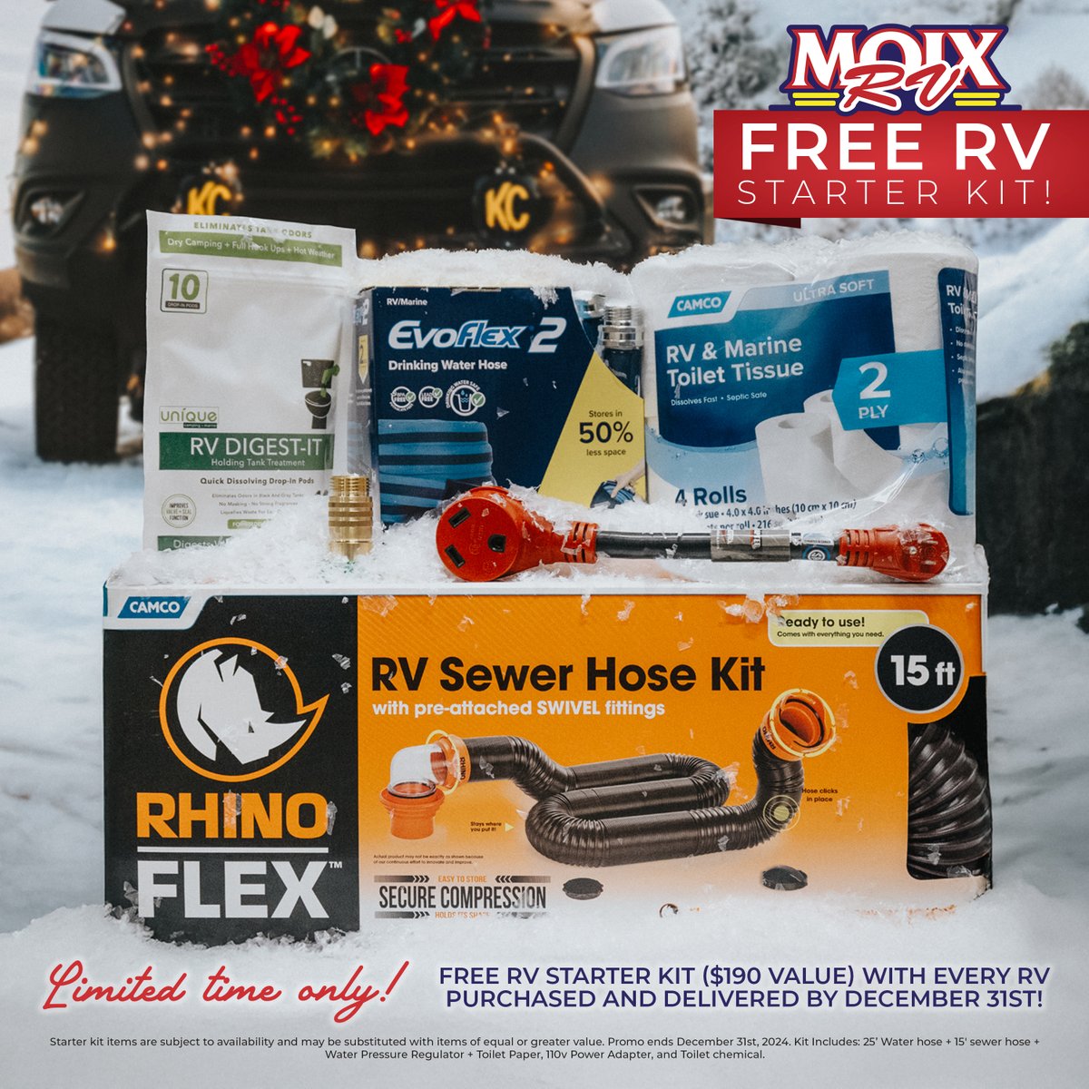 moixrv's tweet photo. Don't miss out! Get a FREE RV Starter Kit (worth $190) with every RV purchase and delivery before December 31st.  This essential kit includes everything you need to hit the road: a 25' EvoFlex water hose, 15' Rhino Flex sewer hose, water pressure regulator, 110V power adapter, RV toilet paper, and RV Digest-It! #MoixRV #Campmoix