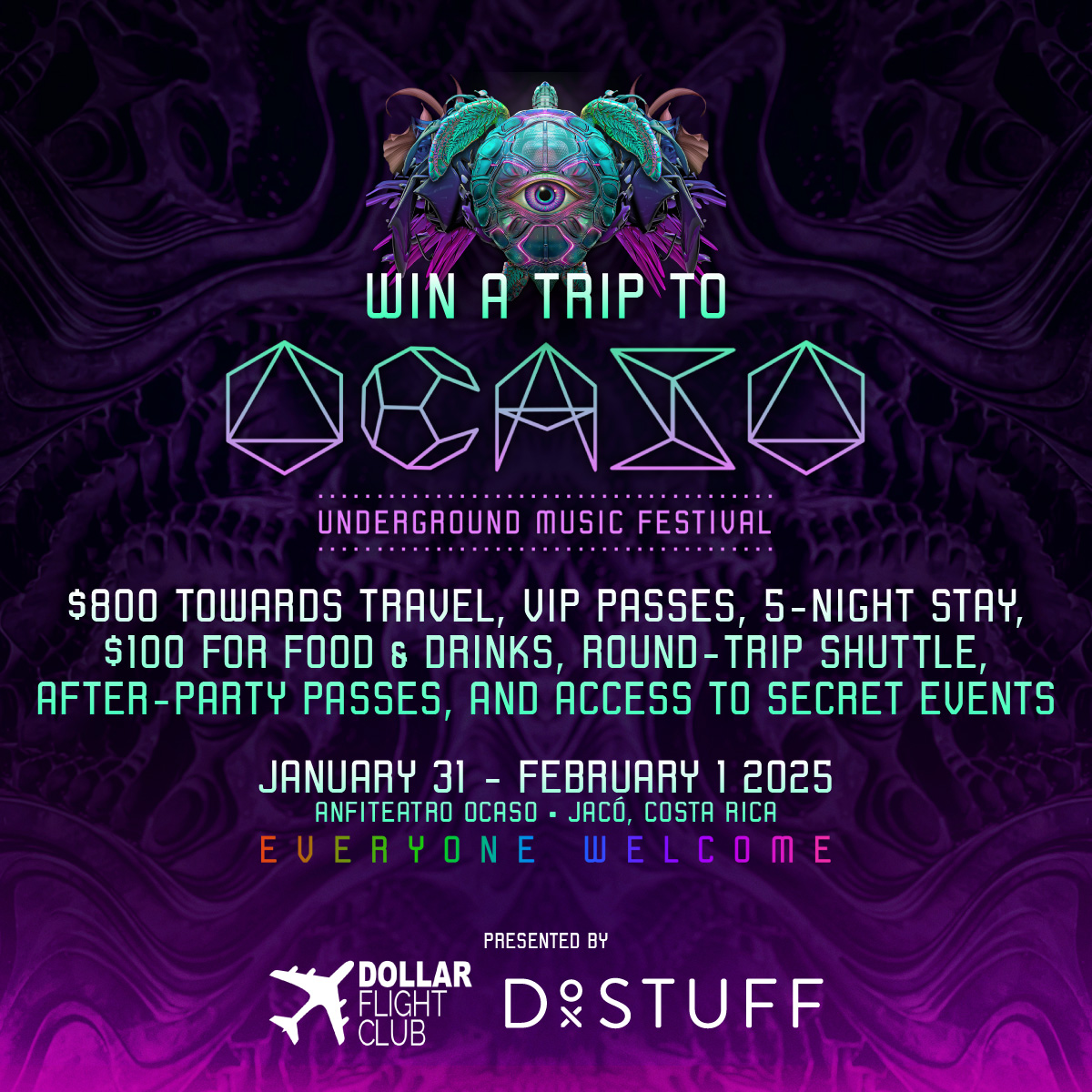 Enter to Win VIP passes to @OcasoFestival (1/31-2/1) in Costa Rica, feat. @ChrisLake, @MartinezBros, @Cloonee &amp; more! Winner gets $800 @DollarFlightClub credit, plus 5-night hotel stay, food, shuttles &amp; exclusive parties! 

t.dostuffmedia.com/t/c/s/213059