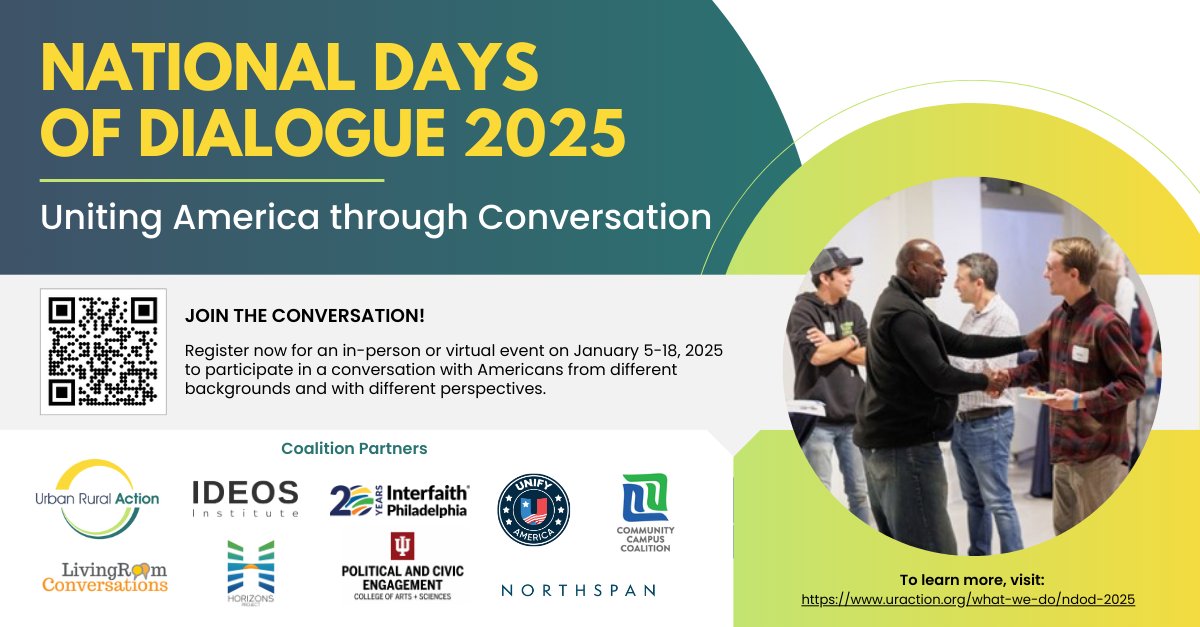 Urban Rural Action (@urbanruralact) on Twitter photo "Dialogue is the most effective way of resolving conflict."
– Dalai Lama
We agree! Join us in Jan to connect across differences!
uraction.org/what-we-do/ndo…
@horizonsprjt, <a href="/gettysburg/">Gettysburg College</a>, <a href="/LivingRoomConvo/">Living Room Conversations</a>, <a href="/_UnifyAmerica_/">Unify America</a> , <a href="/interfaithusa/">Interfaith America</a>, @SNFAgoraJHU, <a href="/NAFCM/">Community Mediation</a>, @interfaithpa "Dialogue is the most effective way of resolving conflict."
– Dalai Lama
We agree! Join us in Jan to connect across differences!
uraction.org/what-we-do/ndo…
@horizonsprjt, <a href="/gettysburg/">Gettysburg College</a>, <a href="/LivingRoomConvo/">Living Room Conversations</a>, <a href="/_UnifyAmerica_/">Unify America</a> , <a href="/interfaithusa/">Interfaith America</a>, @SNFAgoraJHU, <a href="/NAFCM/">Community Mediation</a>, @interfaithpa