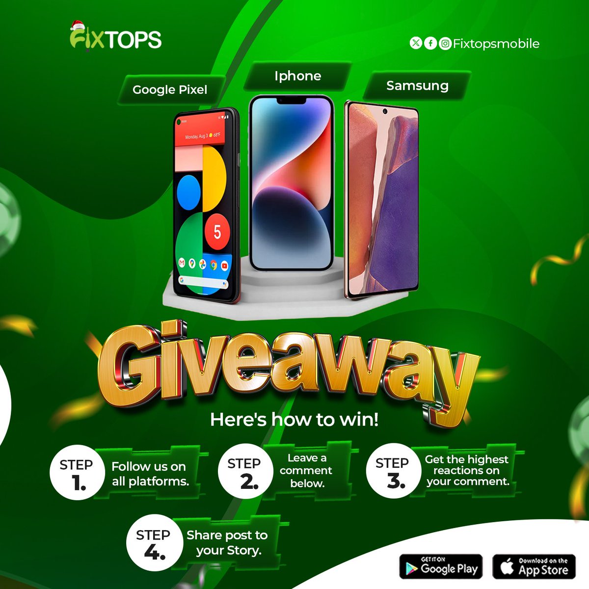 FixtopsNG's tweet image. MAKE YOUR TECH DREAMS COME TRUE THIS HOLIDAY SEASON!

Fixtops Santa is back!

To win:

Follow us on all platforms
Leave a comment below
Get the highest reactions on your comment
Share this post on your story

Good luck!

#FixtopsAI #Giveaway #TechDevice #HolidayGift #GadgetWin
