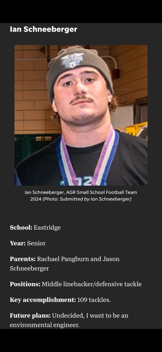 Ian Schneeberger (@ianschnee21) on Twitter photo Grateful to be named First Team all greater Rochester this year.
<a href="/CoachVic5/">Victor Davidson</a> <a href="/EridgeFootball/">Eastridge Football</a> <a href="/CoachEggerling/">Coach Eggerling</a> <a href="/coachball_FB/">Andy Ball</a> <a href="/_Coach_Mack/">Joe Mack</a> <a href="/derek_ivey61/">Derek Ivey</a> <a href="/TheHonorableUno/">Valdez Honorable</a> Grateful to be named First Team all greater Rochester this year.
<a href="/CoachVic5/">Victor Davidson</a> <a href="/EridgeFootball/">Eastridge Football</a> <a href="/CoachEggerling/">Coach Eggerling</a> <a href="/coachball_FB/">Andy Ball</a> <a href="/_Coach_Mack/">Joe Mack</a> <a href="/derek_ivey61/">Derek Ivey</a> <a href="/TheHonorableUno/">Valdez Honorable</a>