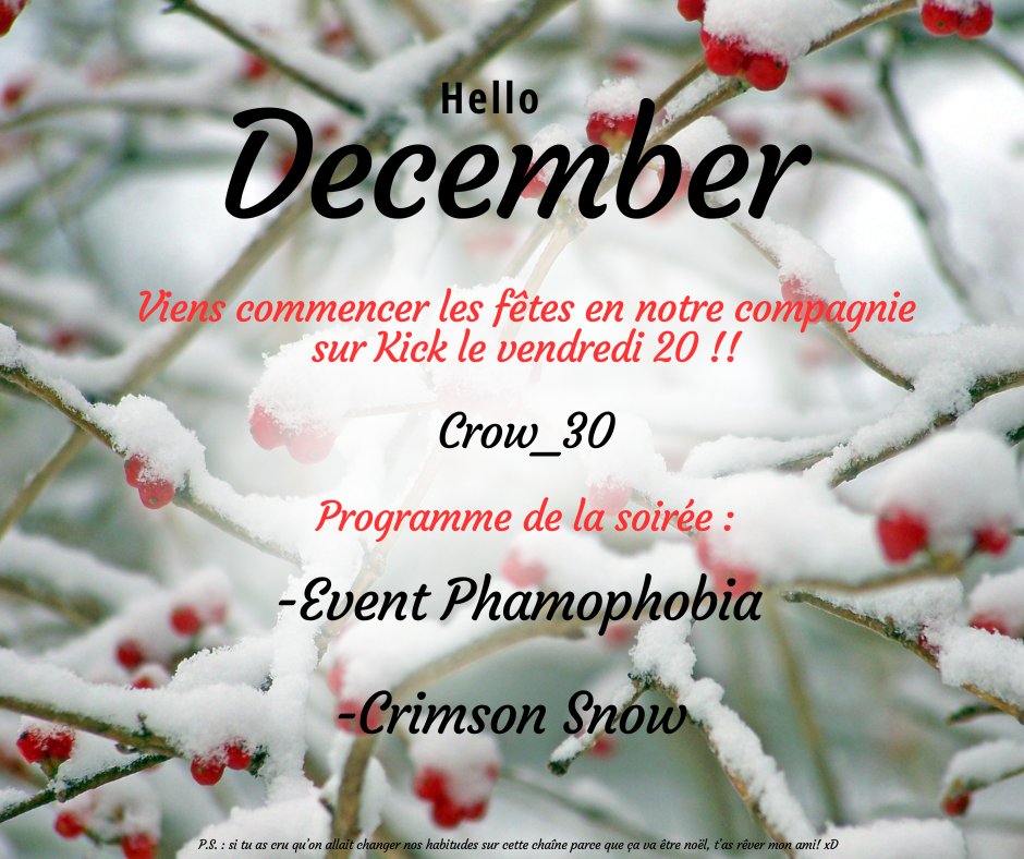 Vendredi 20 décembre à partir de 17h, live spéciale pour Noël !! kick.com/crow-30