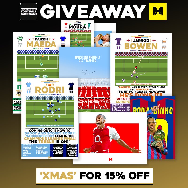 nocontextfm1's tweet photo. 🎉 THE PERFECT CHRISTMAS GIFT 🎉

2 X XMAS PRINT GIVEAWAY! 

I’ve partnered with @MezzalaDesigns to giveaway ANY TWO of their Football Prints on their site 🎄🎁

To enter: 

🔄 RT this post 
➡️ Follow @MezzalaDesigns 
🏷️ Tag a Friend 

Winner Announced 24th December 📅 https://t.co/PZ663Cw3bx