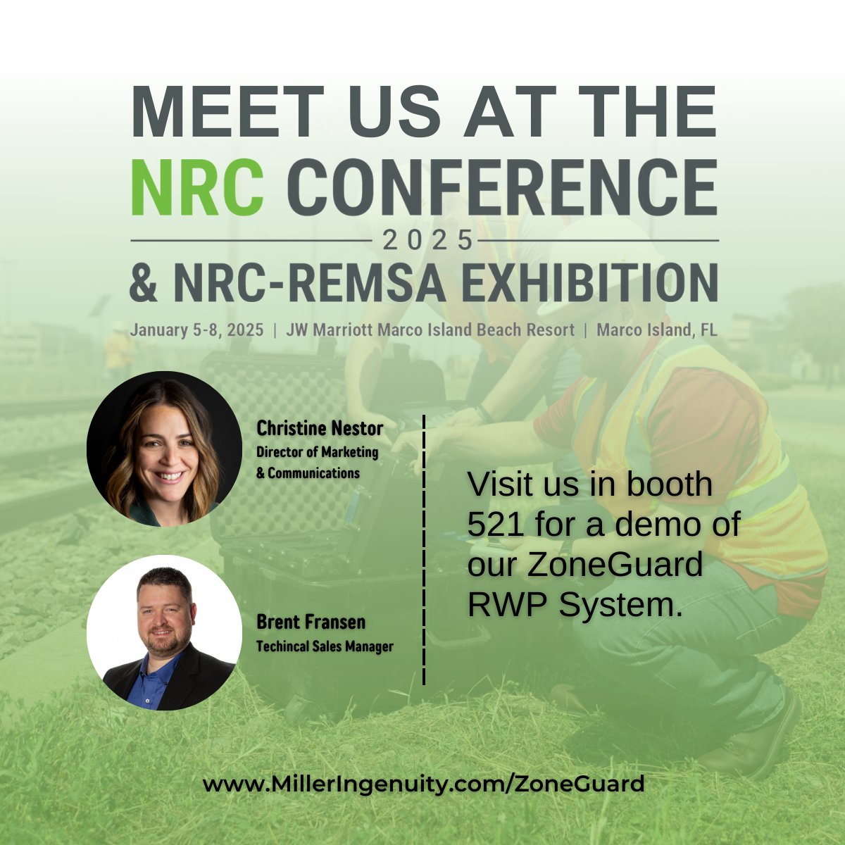 Meet us at the NRC - <a href="/REMSAOfficial/">REMSA</a> Exhibition THIS SUNDAY, January 5 in booth 521. Brent Fransen &amp; Christine Nestor will be there to help demo our #ZoneGuard roadway worker protection system.

Let's meet up --> milleringenuity.com/contact/