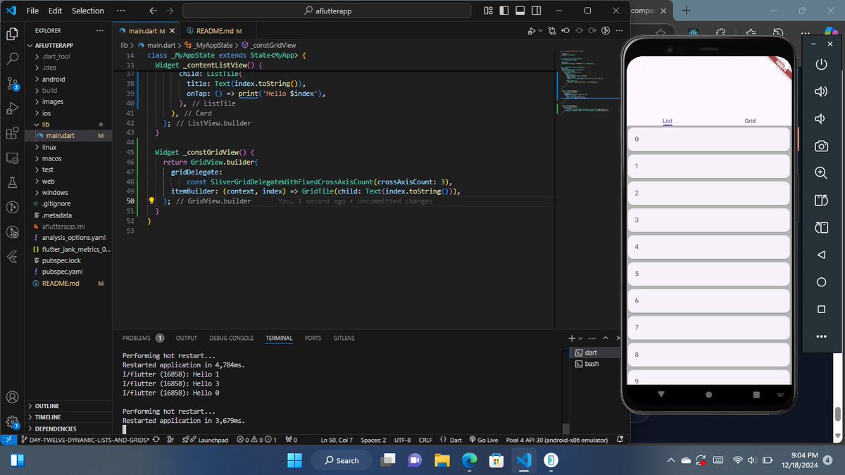 GFasedemi's tweet image. Day #12/30

Dynamic list view

Learnings
- Understanding how the AppBar and the TabBar works.
- Using the ListView and the GridView builders.
#day12
#30DaysOfFlutter 
#30daysofcode 
#flutter 
#mobileapp