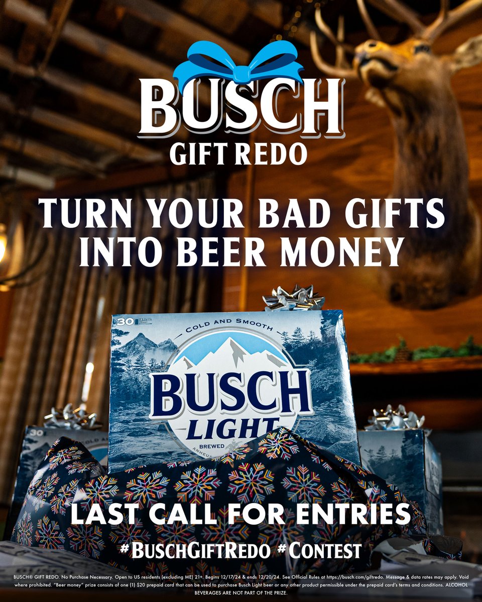 BuschBeer's tweet photo. 🚨🚨 LAST CALL FOR ENTRIES 🚨🚨
Last chance to turn your bad gifts into beer money! Comment #BuschGiftRedo #Contest and tell us about the worst gift you’ve ever gotten for a shot at some holiday beer money. https://t.co/jevsDxZcYm