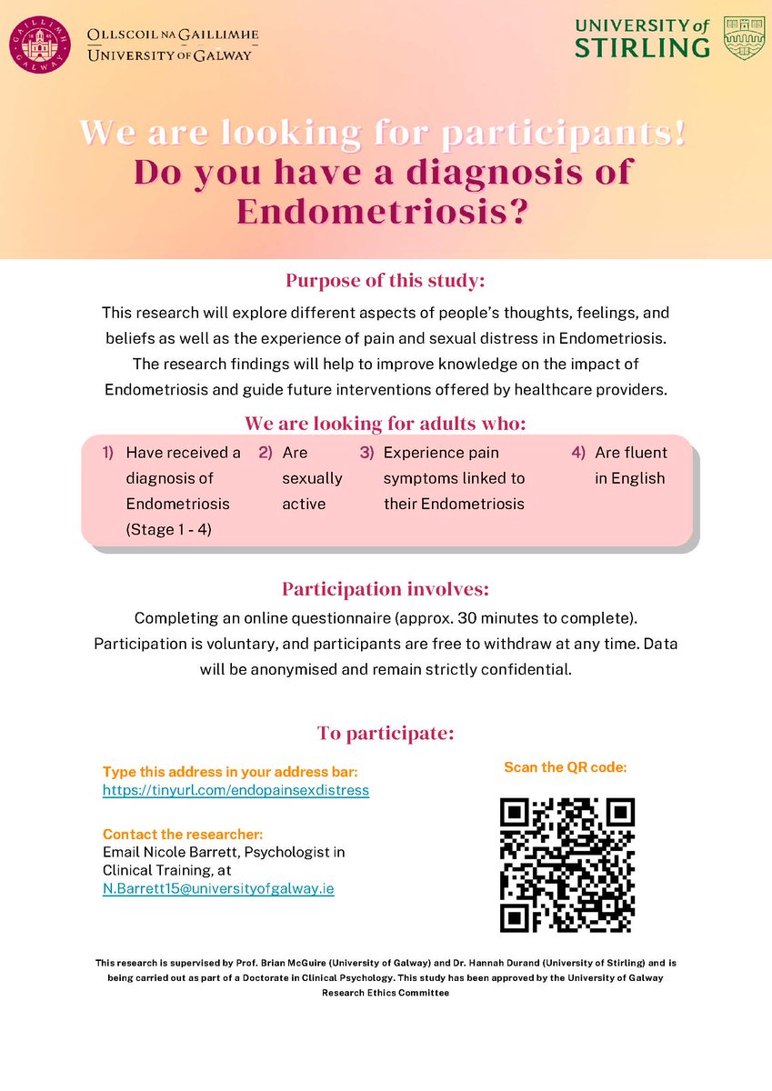 Do you experience pain symptoms as a result of #endometriosis? If so, consider taking part in this research on endometriosis-related pain and sexual distress. ⬇

Survey link: tinyurl.com/endopainsexdis… 

Please share widely!