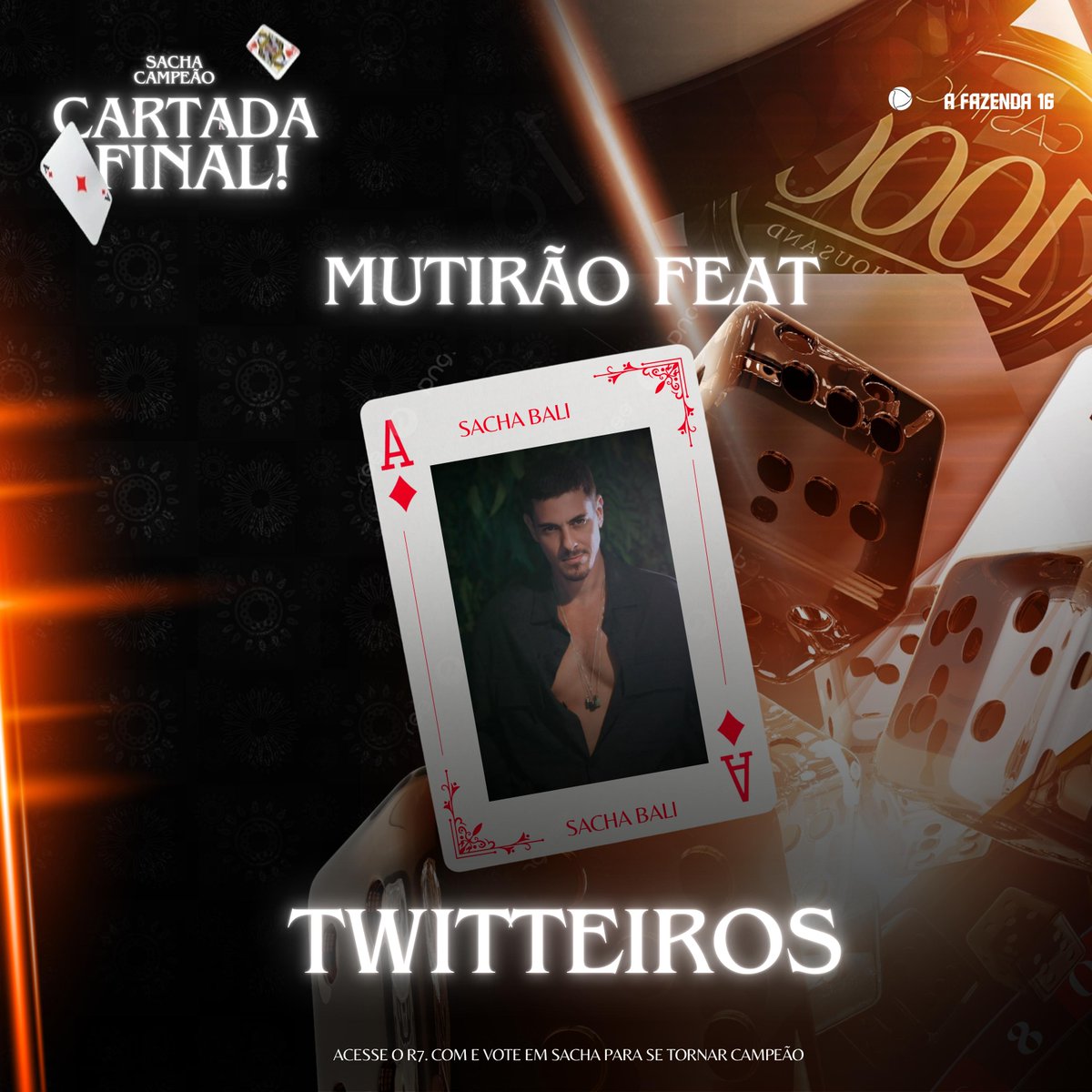 ⚓ MUTIRÃO FEAT TWITTEIROS  INICIADO ⚓

👉🏻 A Cada 30 votos, deixe um comentário.
⏰ Encerra 00h00.
🎯 O Voto é para GANHAR, portanto vote somente em SACHA!
💪 Foco no R7
🔗 record.r7.com/a-fazenda-16/

#SachaCampeão #AFazenda16