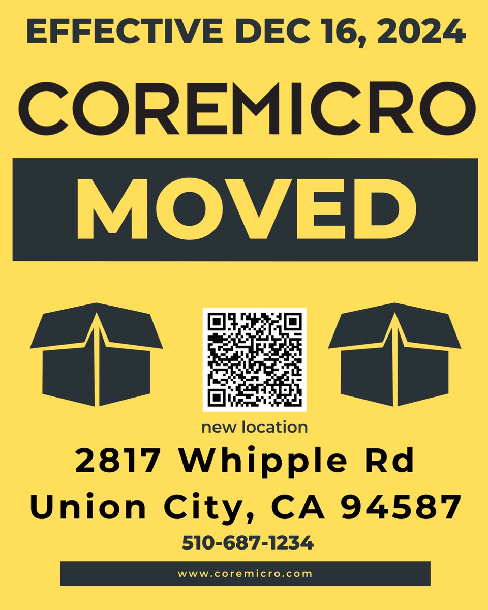 Coremicro is excited to announce its relocation to a new facility at 
2817 Whipple Rd., Union City, CA 94587.

This move reflects our commitment to better serving our customers with a more accessible location and improved infrastructure.

We look forward to continuing to meet