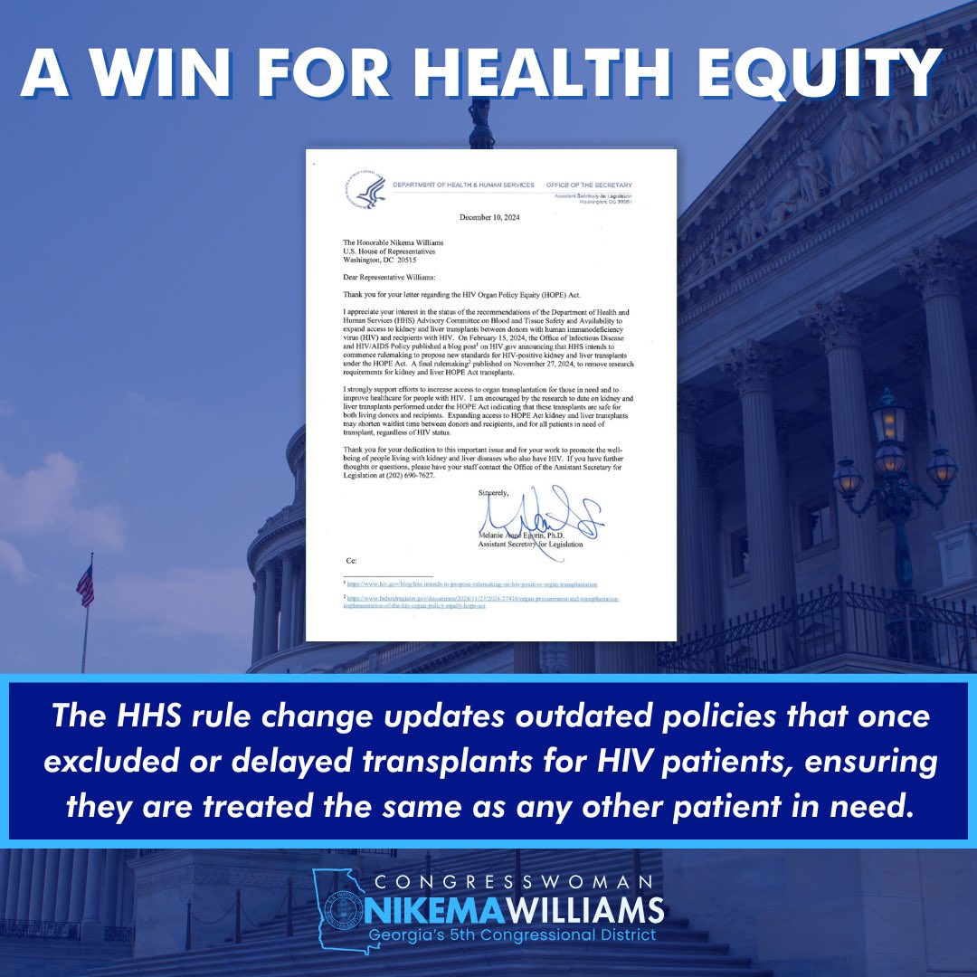 BIG NEWS: I sent a letter to the Department of Health and Human Services (<a href="/HHSGov/">HHS</a>) earlier this year urging changes for rules surrounding organ transplants for those living with HIV...we just learned those outdated rules are now GONE. This is a win for #HealthEquity!