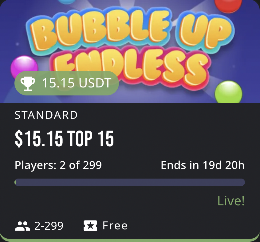 Bubble Up Endless Tournament is LIVE!
Play now: okletsplay.com/?tournamentId=…
💰 Prize Pool: $15.15 USDT 
🏆 Top 15 Players Each Win: $1.01 USDT 
⏰ Time left: 19 days 20 hours 
🎟️ Entry: FREE!