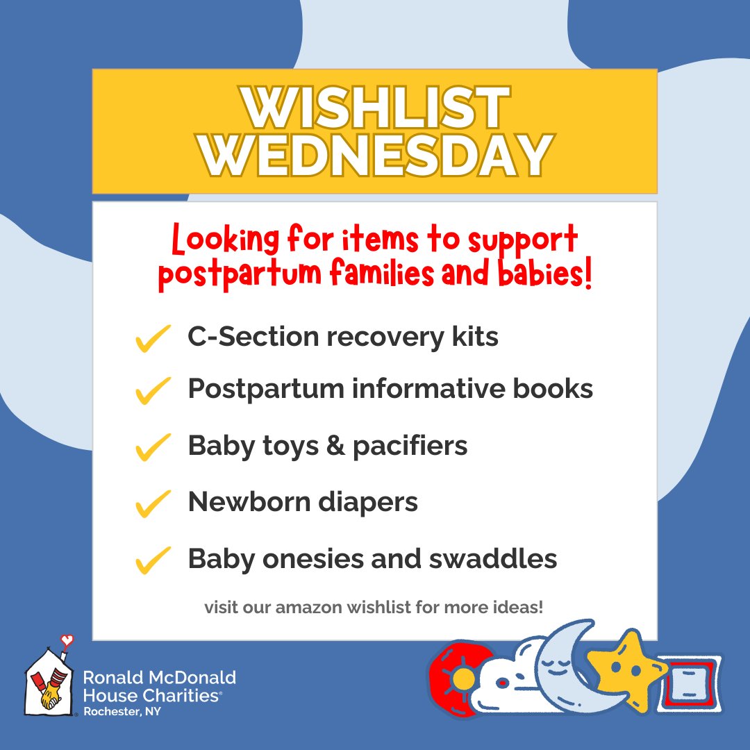 Here's this week's Wishlist Wednesday!✨

We'd love your help gathering items for postpartum moms and babies visiting our family room at Unity! 

Items like the ones listed can be delivered to 333 Westmoreland Drive, Rochester NY 

Or check it out here!
amazon.com/hz/wishlist/ls…