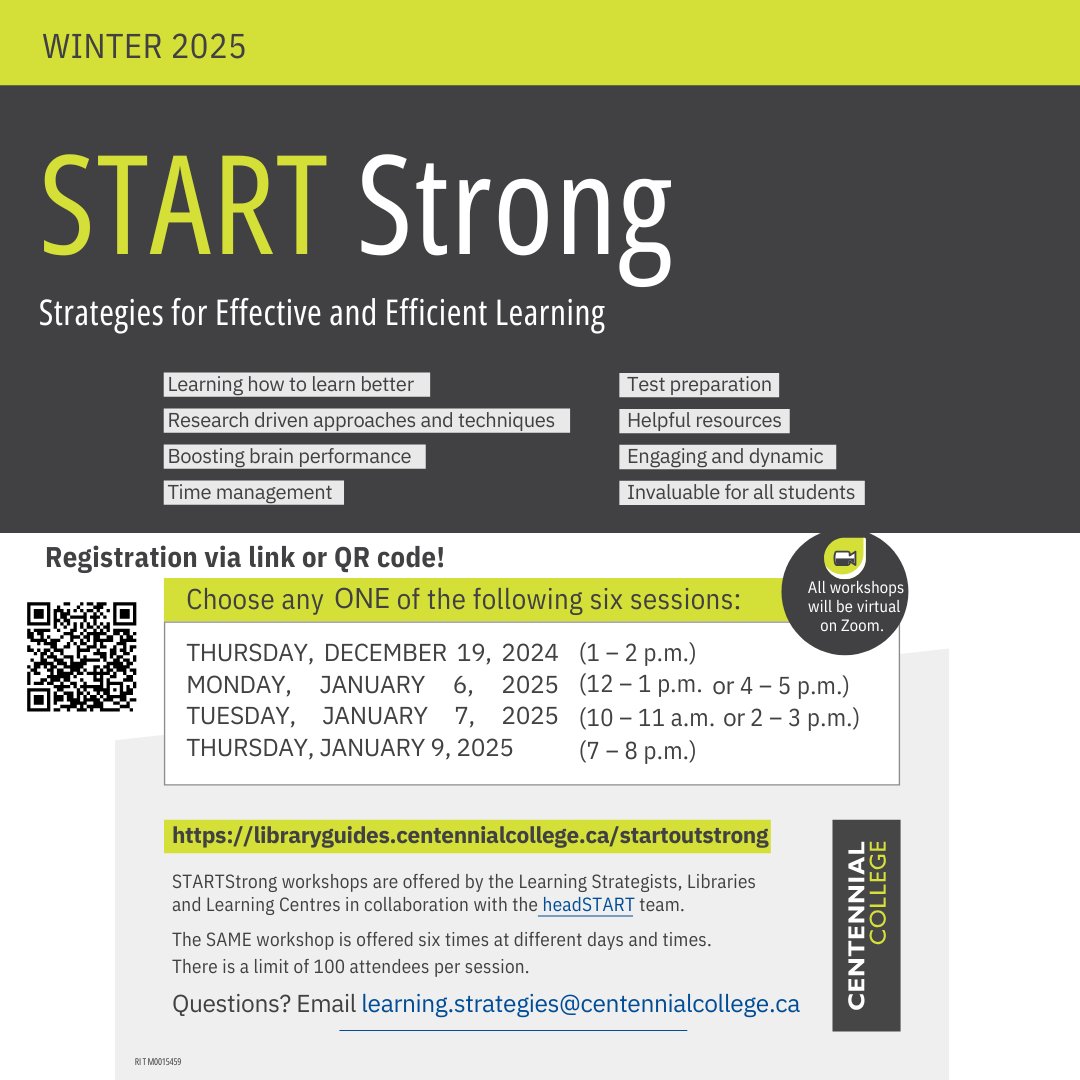 Get ready for the Winter 2025 semester by starting out strong! This free workshop is given by Centennial College Learning Strategists who focus on effective learning tools. The 1-hour virtual workshop covers a variety of helpful tricks and explains what college resources.