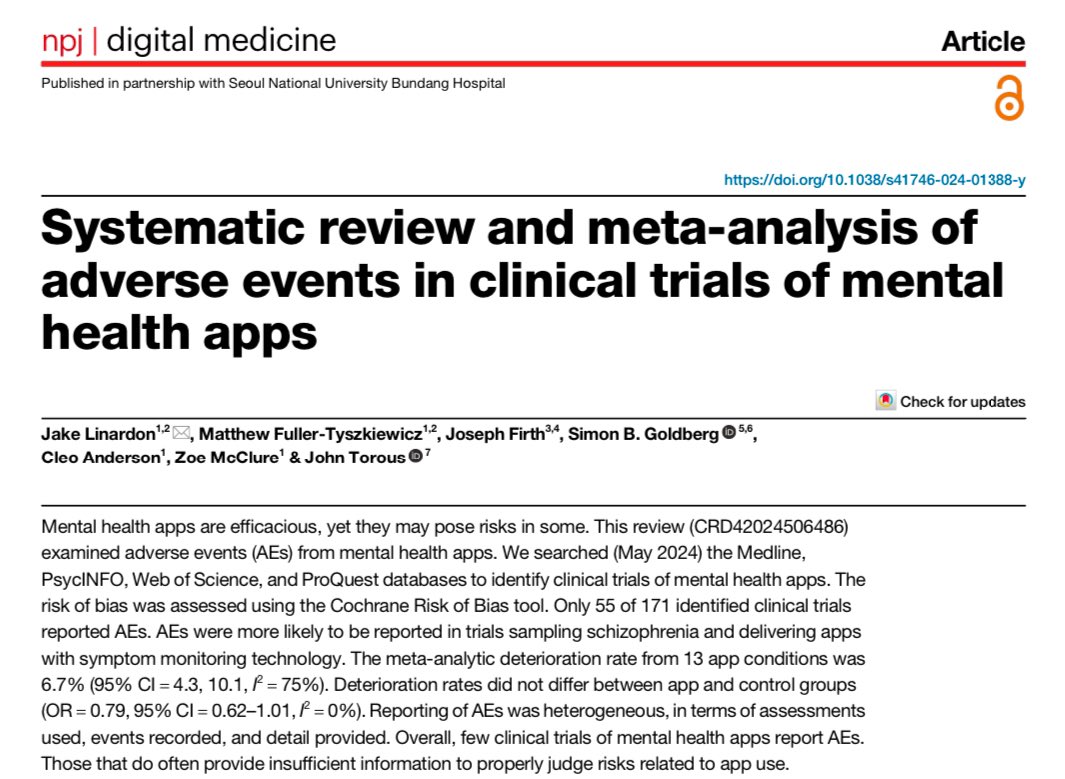 Jake Linardon (@j_linardon) on Twitter photo New review on adverse events in mental health app trials. Apps carry risks, but reporting is poor. Better standards needed to accelerate delivery/dissemination of safe/effective apps! <a href="/JohnTorousMD/">John Torous, MD MBI</a> <a href="/JosephFirthUoM/">Joseph Firth</a> <a href="/SGoldbergPhD/">Simon Goldberg, PhD</a>
rdcu.be/d34oJ New review on adverse events in mental health app trials. Apps carry risks, but reporting is poor. Better standards needed to accelerate delivery/dissemination of safe/effective apps! <a href="/JohnTorousMD/">John Torous, MD MBI</a> <a href="/JosephFirthUoM/">Joseph Firth</a> <a href="/SGoldbergPhD/">Simon Goldberg, PhD</a>
rdcu.be/d34oJ