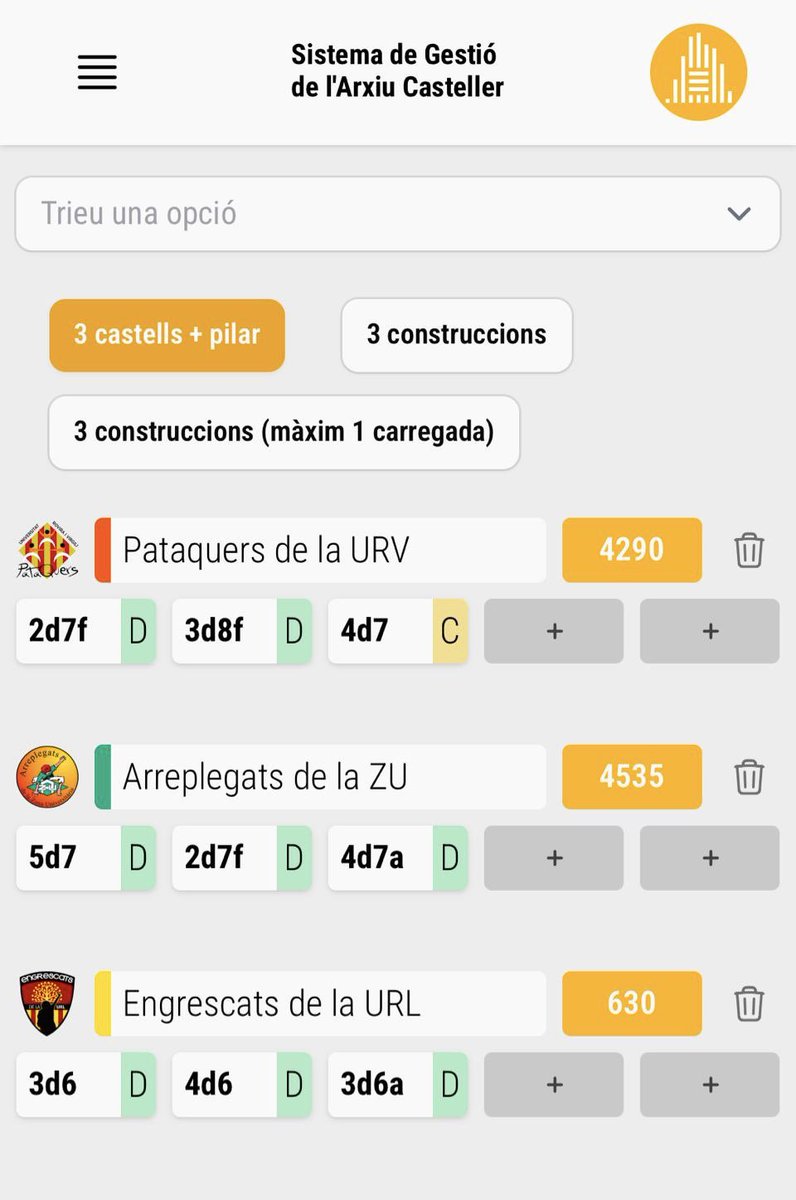 🟠 Noves funcionalitats al #SiGAC

CALCULADORA 🧮 

Afegeix-hi les teves colles preferides i mira quants punts sumen!

Alterna entre tres sistemes de puntuació:
🔸 3C + P
🔸 3Const
🔸 3Const (màx 1C)