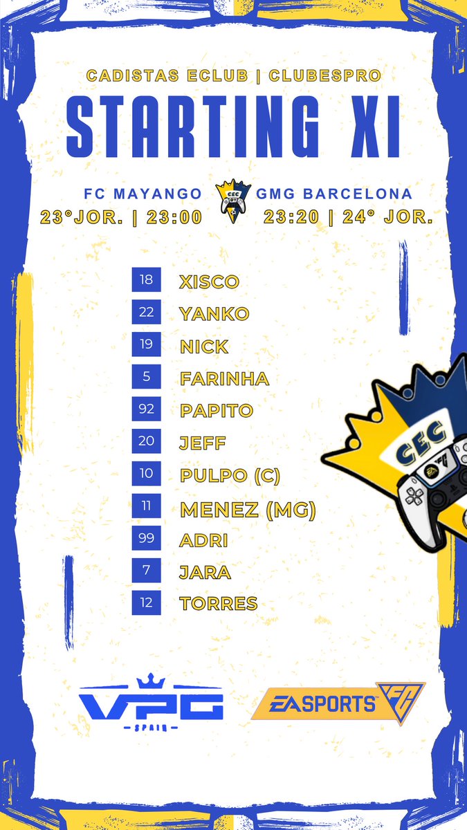 🟡 #CADISTASECLUB 🔵

📋 • 𝕊𝕋𝔸ℝ𝕋𝕀ℕ𝔾 𝕏𝕀  • 📅  18/12/24

🏆 <a href="/VPG_Spain/">Virtual Pro Gaming España</a>
🗓  23° y 24° Jor. | 3° Division
🎮 #ClubesPro #EAFC25

#SomoCadistas #FullYellow 
#AreaMovil #ApoleuJerez