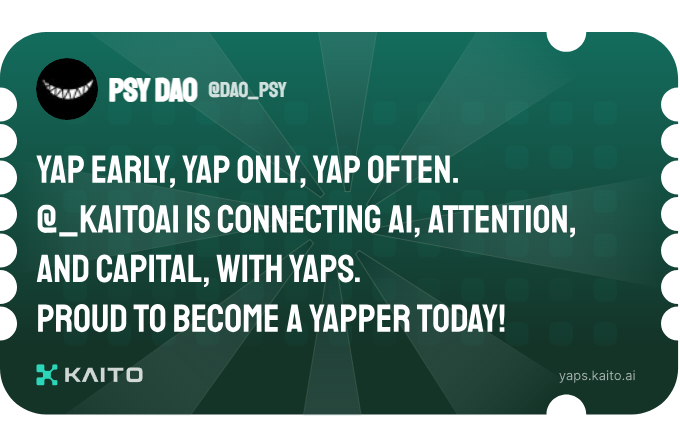 PsydadPsy's tweet photo. Yap early, yap only, yap often.

@_kaitoai is connecting AI, attention and capital with Yaps.

Just claimed my social card and I'm accumulating Yap points in real-time.

Claim yours 👉 https://t.co/qtyZl6VxCd https://t.co/ASUGmd7e2m