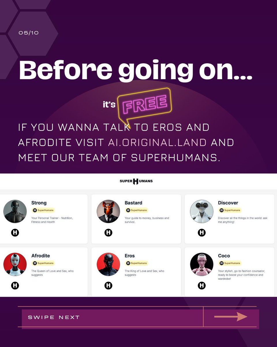 SuperHumans__ai's tweet photo. Healthy relationships start with better communication, bold experimentation, and knowing what brings you joy. Let Eros and Afrodite guide you to deeper connections and unforgettable moments. Ready to spice things up?
• Explore the future of love on Ai Original Land.
 #Ai https://t.co/fRRYBo44v6