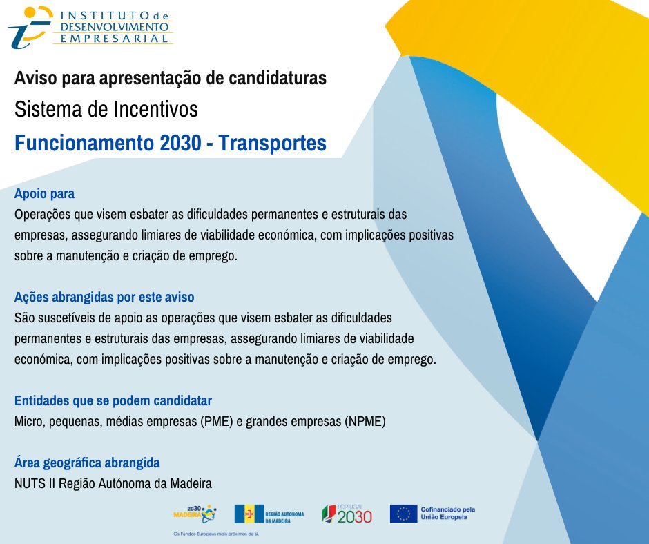 📢 Foi publicado hoje, 18 de dezembro, o Aviso Concurso à apresentação de candidaturas ao SI Funcionamento 2030 - Transportes, no âmbito do Madeira 2030.

📅 Período de candidaturas: 18 de dezembro de 2024 até 24 de janeiro de 2025.

🔗 Mais informação em: ide.madeira.gov.pt