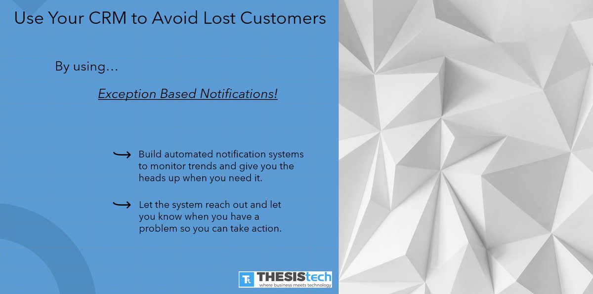 Use Your CRM To Avoid Lost Customers
--Exception Based Notifications
With powerful tools such as Power Automate, we can build automated notification systems to monitor trends and give you the heads up when you need it.

#CRM #Microsoft

Full post:
thesistech.com/use-crm-to-avo…