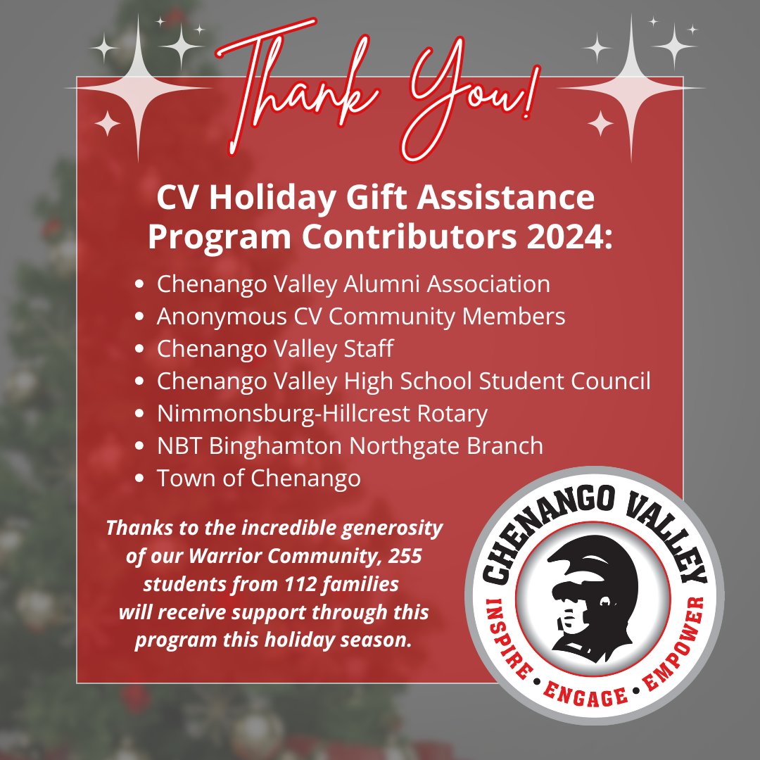 THANK YOU: We're grateful to everyone who generously contributed time and resources to make the Chenango Valley Holiday Gift Assistance Program a success once again! Your kindness and support are helping to brighten the holiday season for more than 250 students districtwide.✨