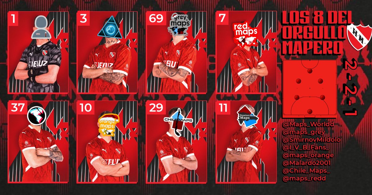 🟥🔴 ESTOS SON LOS 8 QUE NOS VAN A REPRESENTAR 💪🏻👑🗺️

Arquero: 👤 <a href="/Malardo2001/">Malardo200</a>
Defensor: 🔼 <a href="/SmirnovMiIdolo/">un-triangulo-azul 🇦🇷⭐♏</a>
Defensor: 🇸🇦 @Maps_Worldd
Medio: 🔲 <a href="/maps_grey/">GreyMaps 🗺</a>
Medio: 🔶 @maps_orange
Medio: 🇨🇱 <a href="/Chile_Maps_/">Chile Maps</a>
Delantero: 🔴 <a href="/maps_redd/">RedMaps 🔴🗺️</a> ©️
Delantero: 🇩🇴 @I_V_B_Fans_

🏆 @HaxballTWLeague