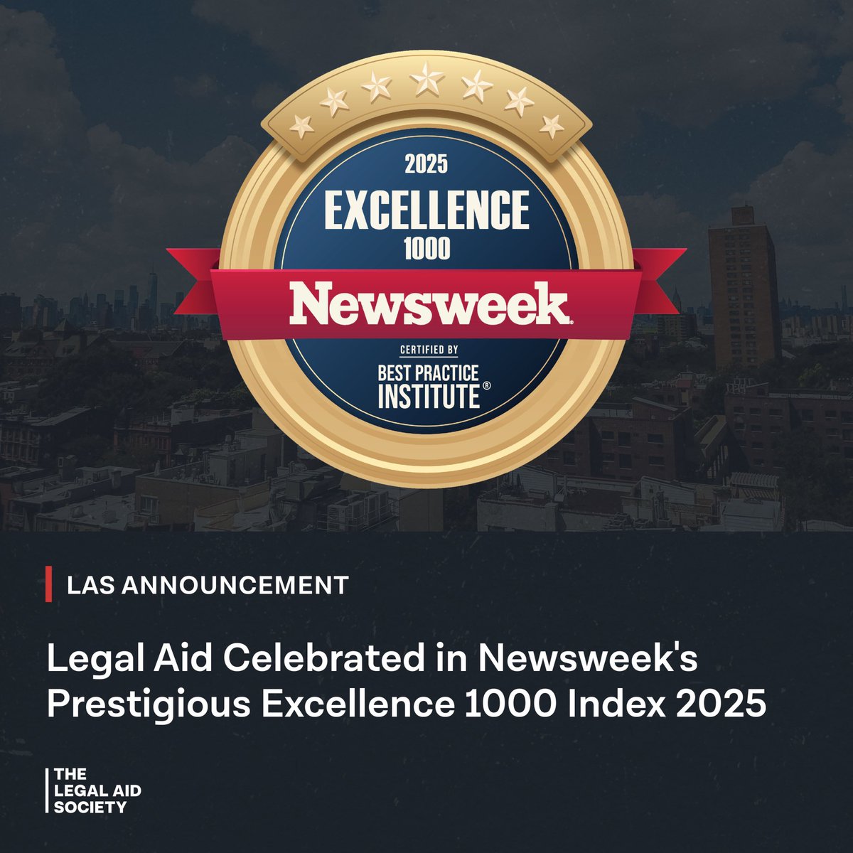 LegalAidNYC's tweet photo. The Legal Aid Society, for the first time in its nearly 150-year history, is proud to announce its inclusion in Newsweek’s esteemed Excellence 1000 Index 2025. 🎉

This recognition highlights organizations making outstanding contributions in their respective fields and underscores Legal Aid’s enduring commitment to providing high-quality legal representation to New York City’s most vulnerable residents.

More: https://t.co/ypyL9GyWBe