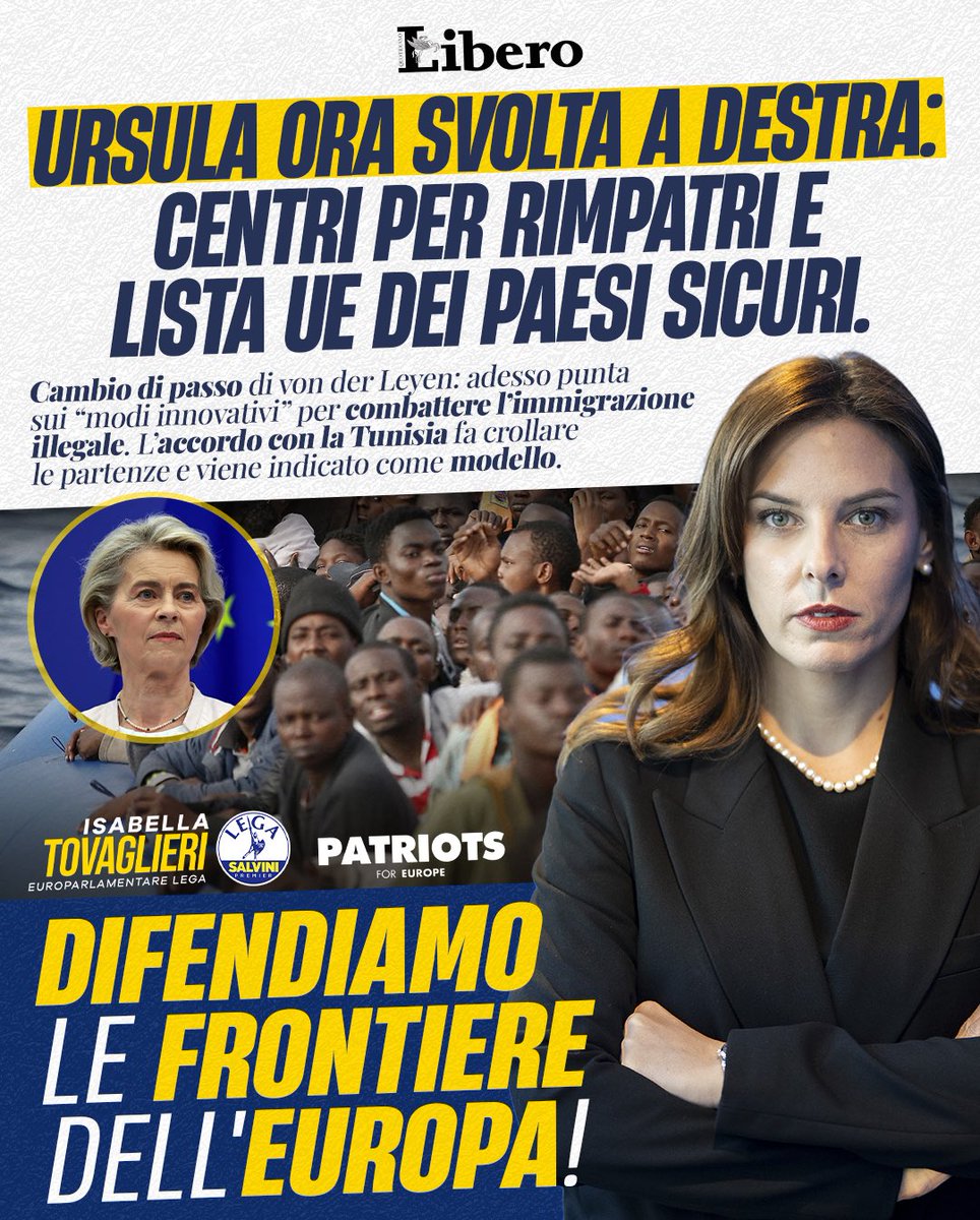 isatovaglieri's tweet photo. Per anni siamo stati emarginati in Europa perché chiedevamo uno sforzo europeo per difendere i confini. Risultato? 

Accordi per finanziare il sultano Erdogan e disapprovazione per i governi di "destra" che non vogliono arrendersi all'immigrazione incontrollata. Fortunatamente, grazie al voto degli europei, la musica a Bruxelles inizia a cambiare e i centri di rimpatrio europei non sono più un tabù. 

Buongiorno Ursula, per anni abbiamo accolto i clandestini per compiacere i buonisti di mezza Europa... È giunta l'ora di difendere le nostre frontiere!