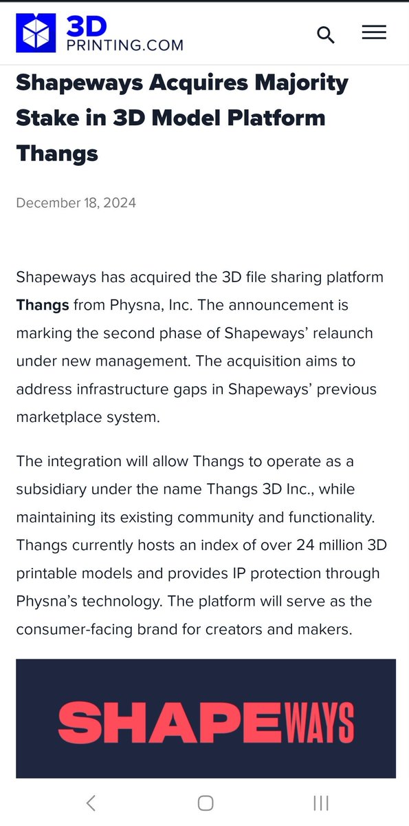 Wow!! <a href="/Thangs3D/">Thangs</a> acquired by <a href="/shapeways/">Shapeways</a> as part of their reorganizing! Did not see that one coming! Congrats to all! 

3dprinting.com/news/shapeways…