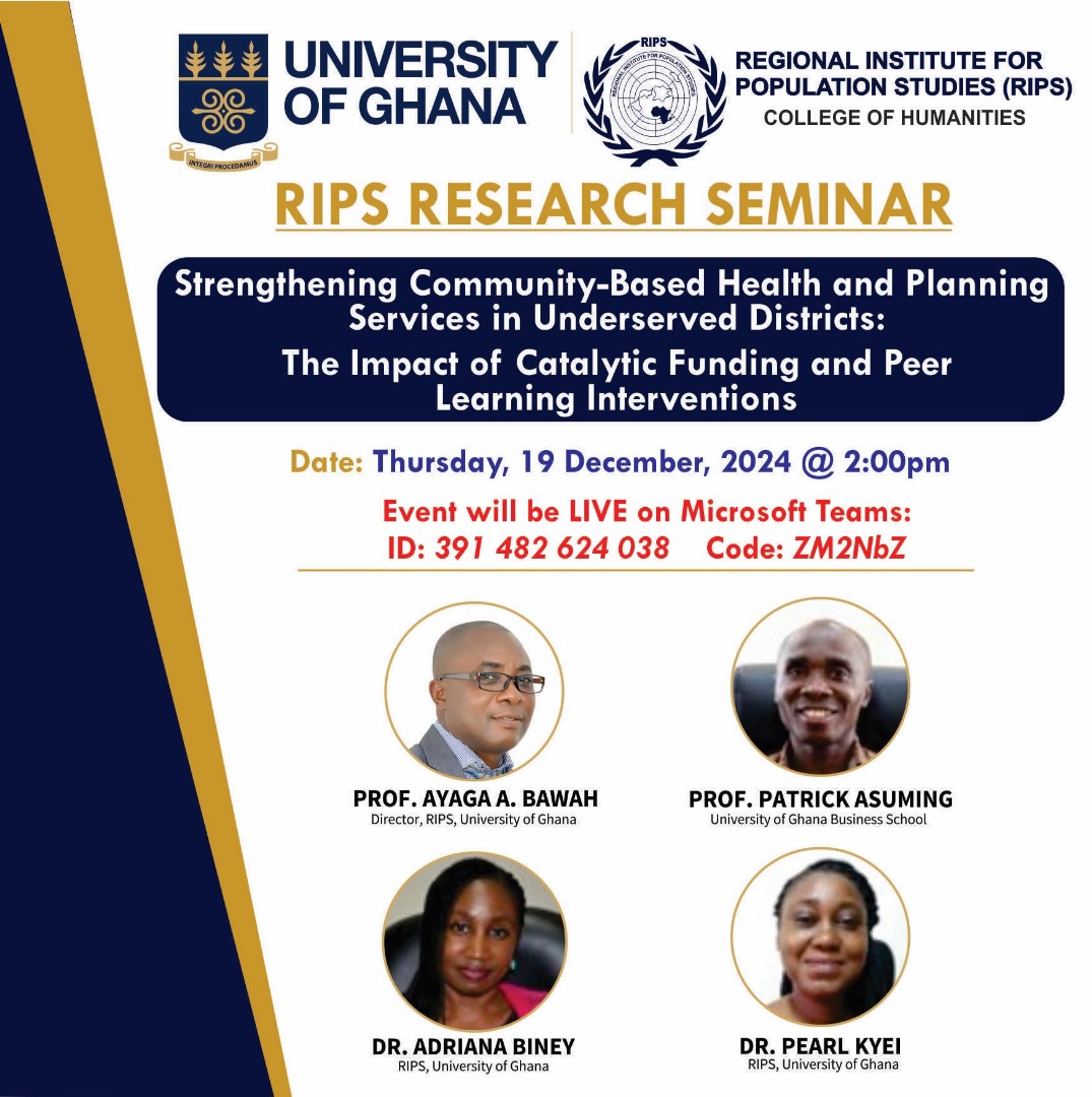 Final RIPS Research Seminar of 2024    

We invite you to join an engaging session with expert presenters from RIPS and UGBS.  

19th Dec 2024 | 2:00 PM GMT | 💻 Online   

Join here: shorturl.at/rN4UA 
Abstract &amp; Bios: shorturl.at/M1Lmn 

#RIPS 
#HealthPlanning