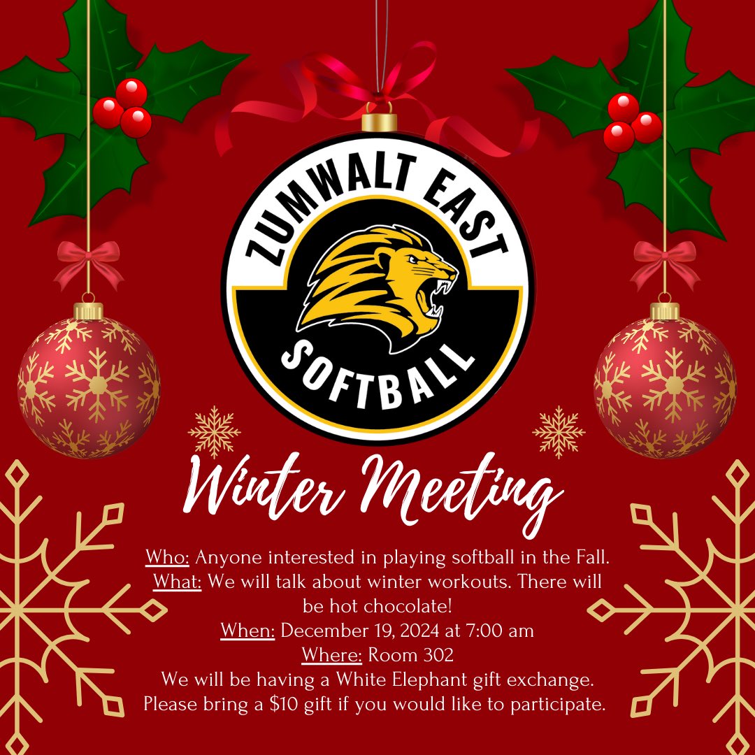 REMINDER - The winter meeting for anyone interested in playing softball in the Fall is tomorrow morning at 7:00 am. There will be hot chocolate! We will also be having a white elephant gift exchange for anyone who would like to participate. We hope to see you there!