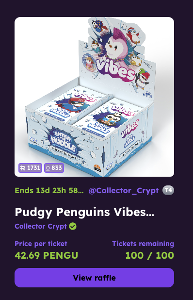 New $PENGU utility just dropped 🔥

For just 42.69 PENGU, you can win a @ocapgames Pudgy TCG RWA Booster Box 🎴

All NFT's are redeemable 1:1 for their IRL counterpart ✉️

Come check it out 👇

🔗 rafffle.famousfoxes.com/cc/raffles