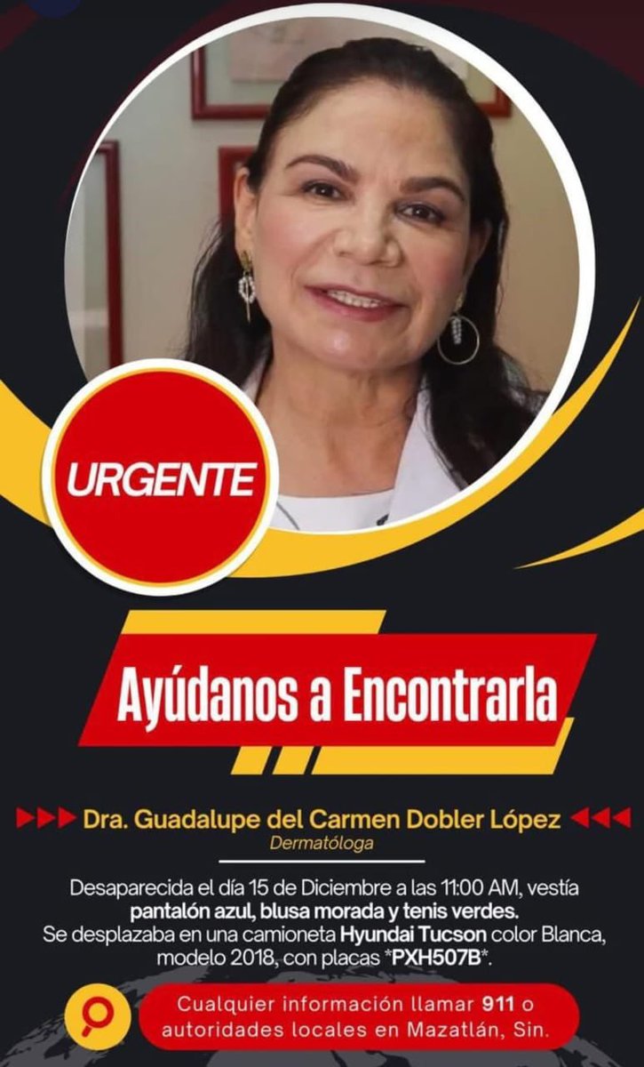 MarcelaSaebL's tweet photo. La #dermatología también sufre por la INSEGURIDAD que este gobierno ha dejado crecer. 
La Dra. Dobler López, muy querida por el gremio ha desaparecido.  Encontraron su camioneta.  
En chats por WhatsApp se manifiesta el desconcierto y apoyo para encontrarla.  
Pero en esos … https://t.co/3Jv6j92ewF