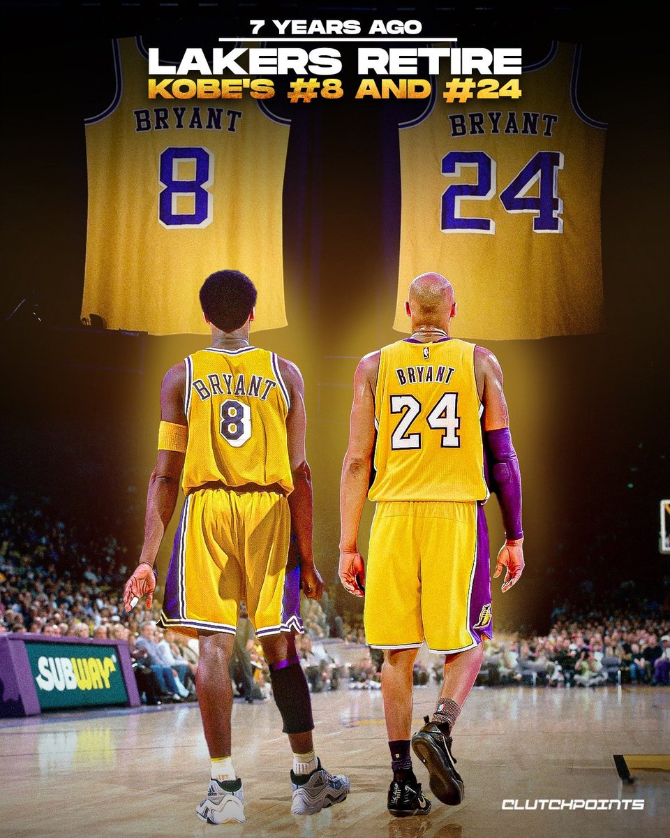 ClutchPoints's tweet photo. The Lakers retired both of Kobe Bryant's jerseys 7 years ago today. 

He is the only player in NBA history to have two numbers retired on his behalf by the same team.

Kobe as No. 8:

⭐ 10 seasons
⭐ 16,886 points
⭐ 3 NBA titles
⭐ 8 All-Star appearances

Kobe as No. 24:

⭐ 10 seasons
⭐ 16,777 points
⭐ 2 NBA titles
⭐ 10 All-Star appearances

One man, two Hall of Fame careers 💯

You'll always live in our hearts, Mamba 💜💛