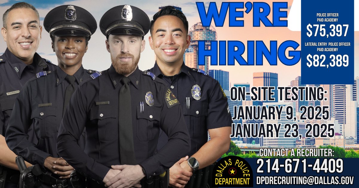 DPDRecruiting's tweet image. Start the New Year with an exciting career in law enforcement!
Apply online today to take part in our next hiring event! 

Contact us at 214-671-4409 or Visit dallaspolice.net/join-dpd to learn more information or email dpdrecruiting@dallas.gov .
#wearehiring #DallasPD #JoinDPD