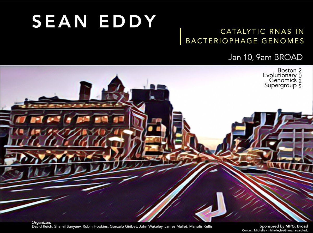 BostonEvoGen's tweet photo. January 2025: Sean Eddy's talk on 'Catalytic RNAs in bacteriophage genomes' [1/10 Friday 9am] https://t.co/Tj109cHtx9